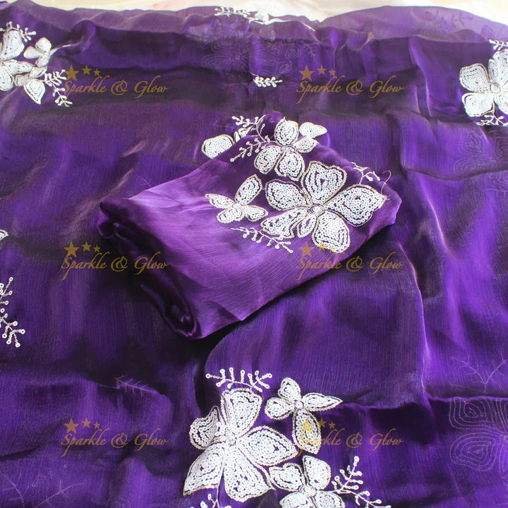 Pretty Purple colour organza saree floral sequen work with blouse piece - Sparkle and Glow