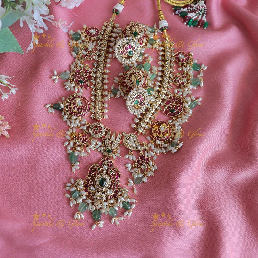 Nita Ambani Stunning Peacock Floral Mango carved short necklace with rice pearls and beads - Sparkle and Glow