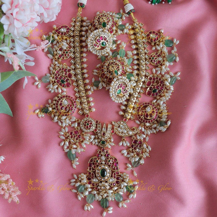 Nita Ambani Stunning Peacock Floral Mango carved short necklace with rice pearls and beads - Sparkle and Glow