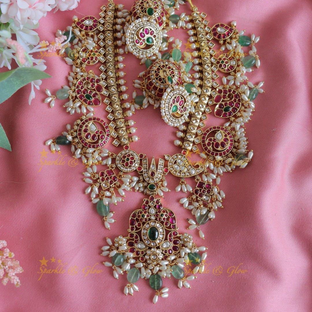 Nita Ambani Stunning Peacock Floral Mango carved short necklace with rice pearls and beads - Sparkle and Glow