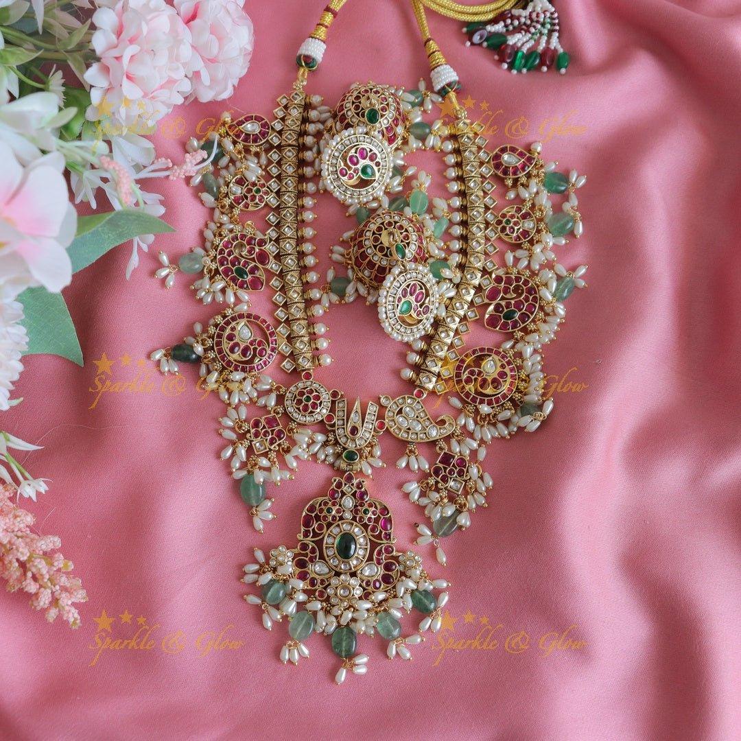 Nita Ambani Stunning Peacock Floral Mango carved short necklace with rice pearls and beads - Sparkle and Glow