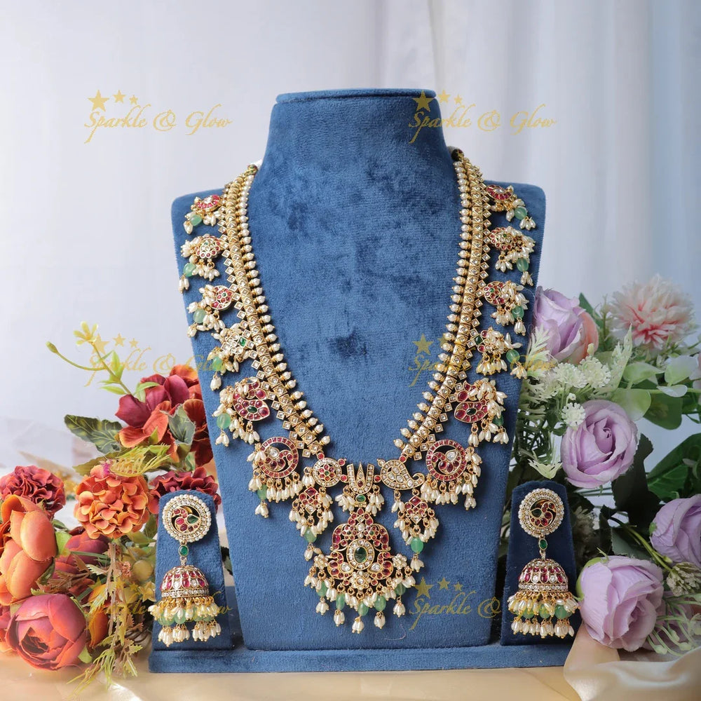 Nita Ambani inspired Stunning Peacock Floral Mango carved rice pearl guttapusalu long necklace - Sparkle and Glow