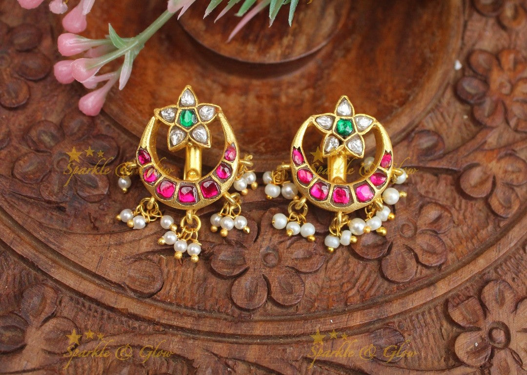 Stunning Half moon Floral design Jadau kundan Bugadi Earrings