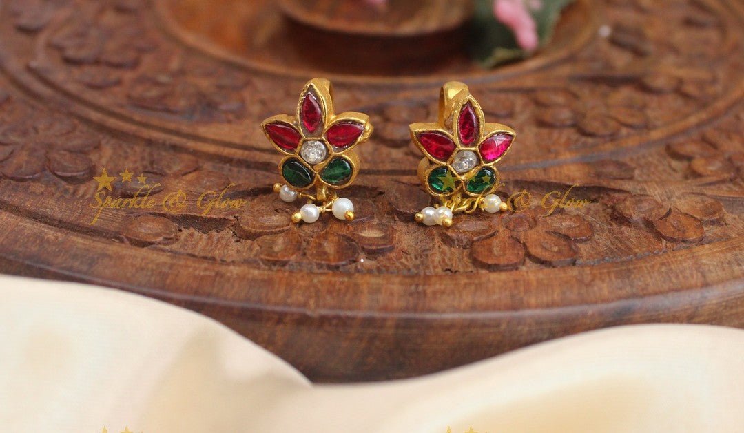 Statement Flower design Jadau kundan Bugadi Earrings - Sparkle and Glow -