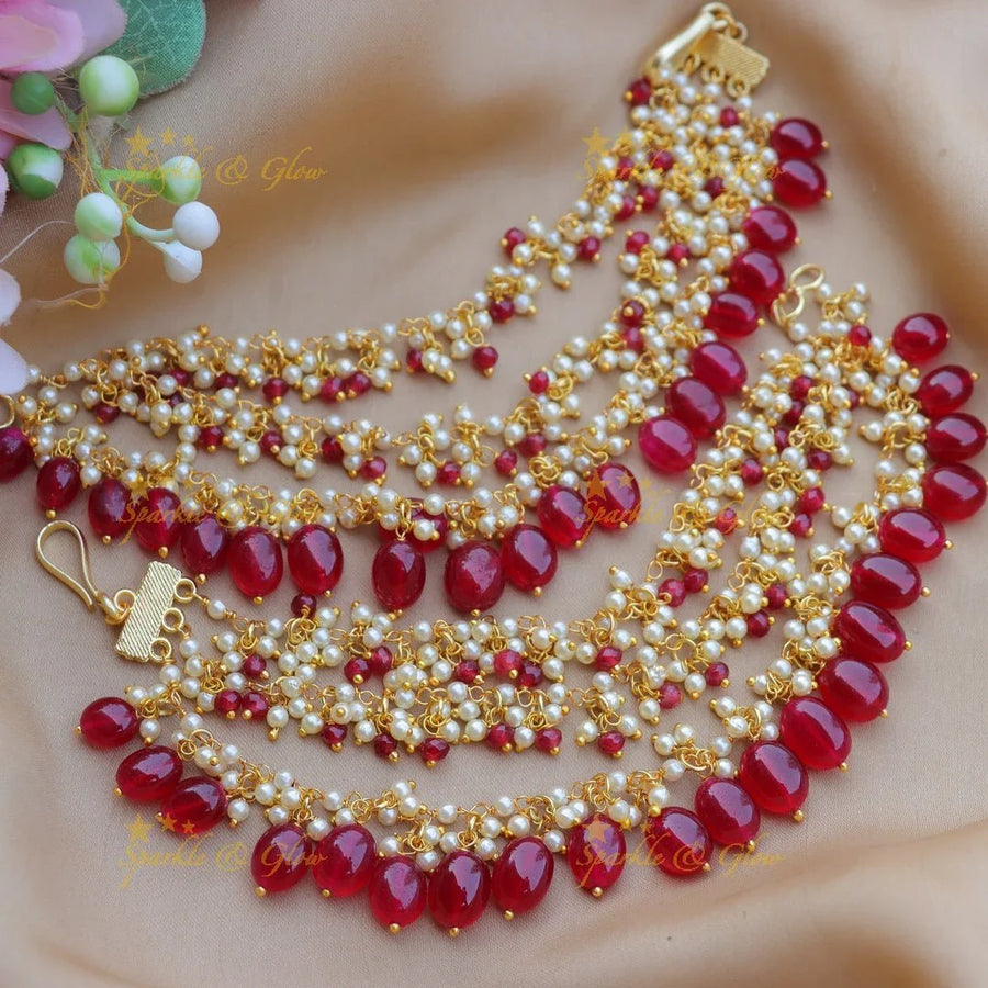 Stunning Three layered Pearl cluster Earchain with Pink beads - Sparkle and Glow