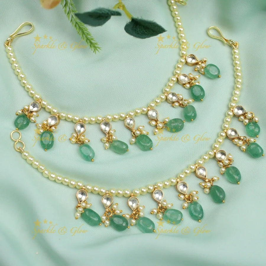 Statement Jadau kundan stone waterdrop pearl earchain with mint green beads - Sparkle and Glow