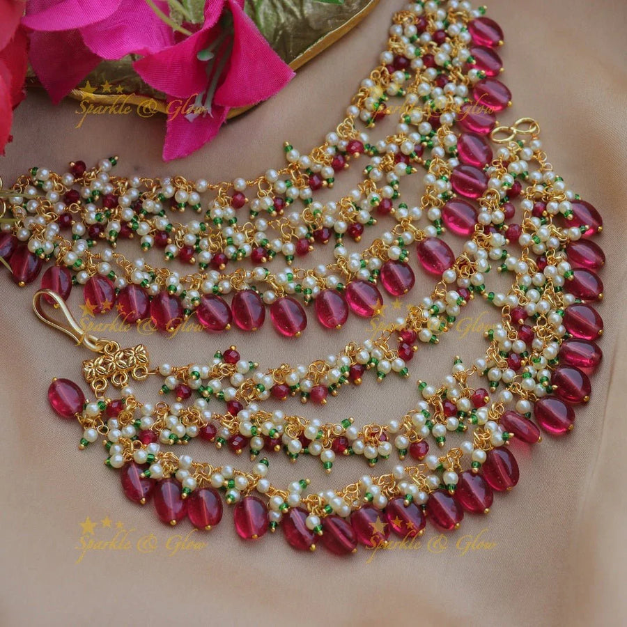 Stunning Three layered Pearl and Emerald cluster bridal Earchain with Pink beads - Sparkle and Glow