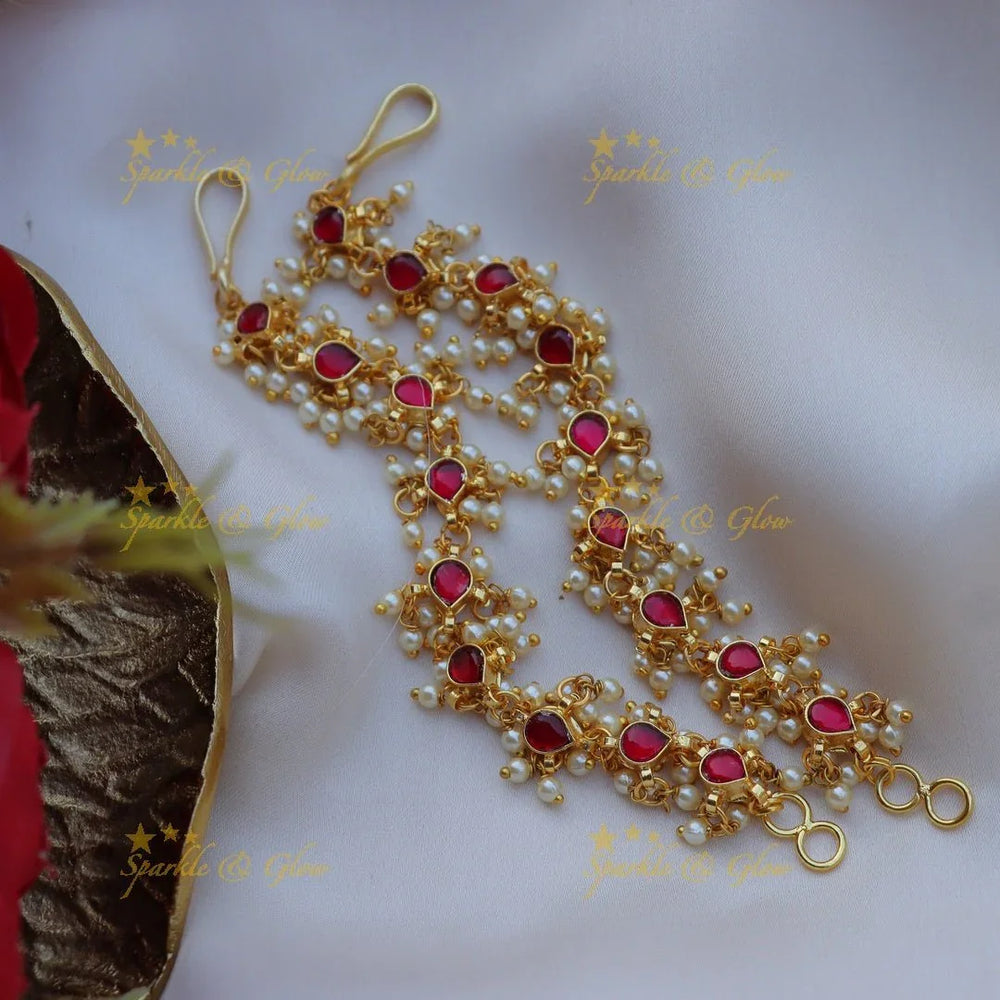 Real Jadau Kundan stone Gutaapusalu Earchain-Pink - Sparkle and Glow