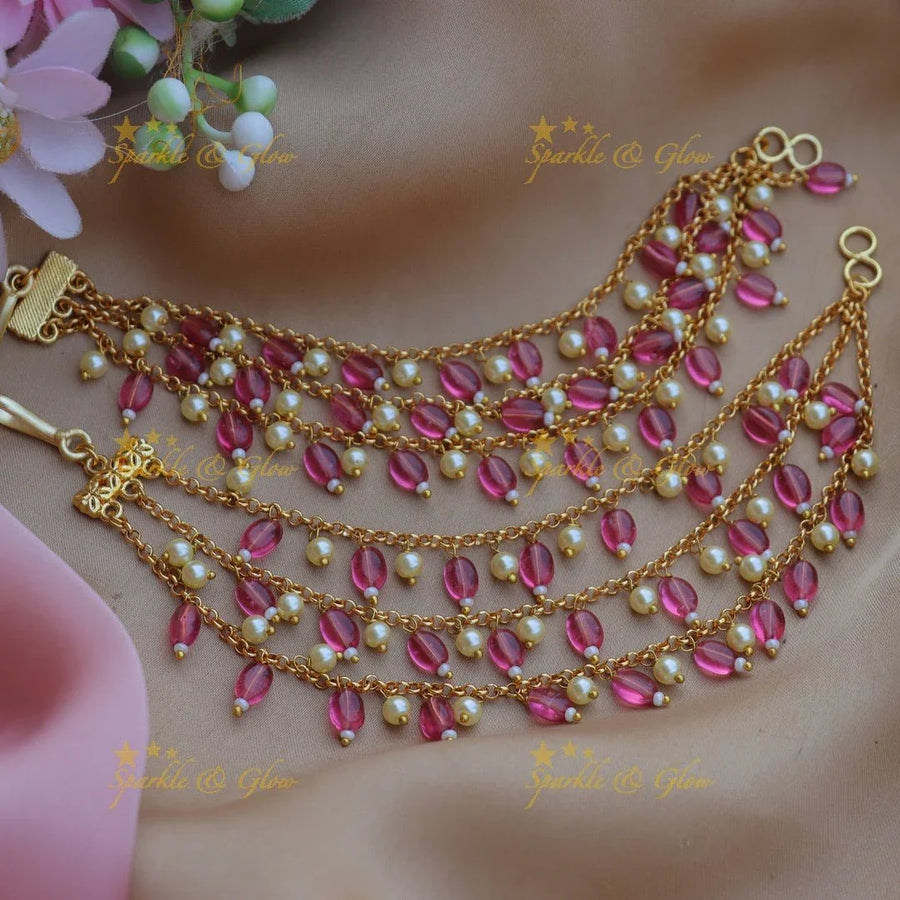 Stunning Three layered Beaded Earchain with pink beads and pearls - Sparkle and Glow