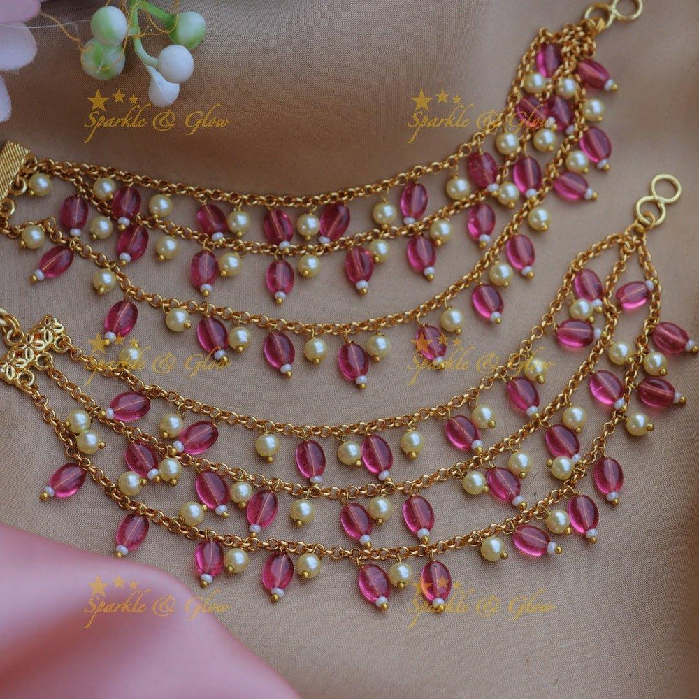 Stunning Three layered Beaded Earchain with pink beads and pearls - Sparkle and Glow