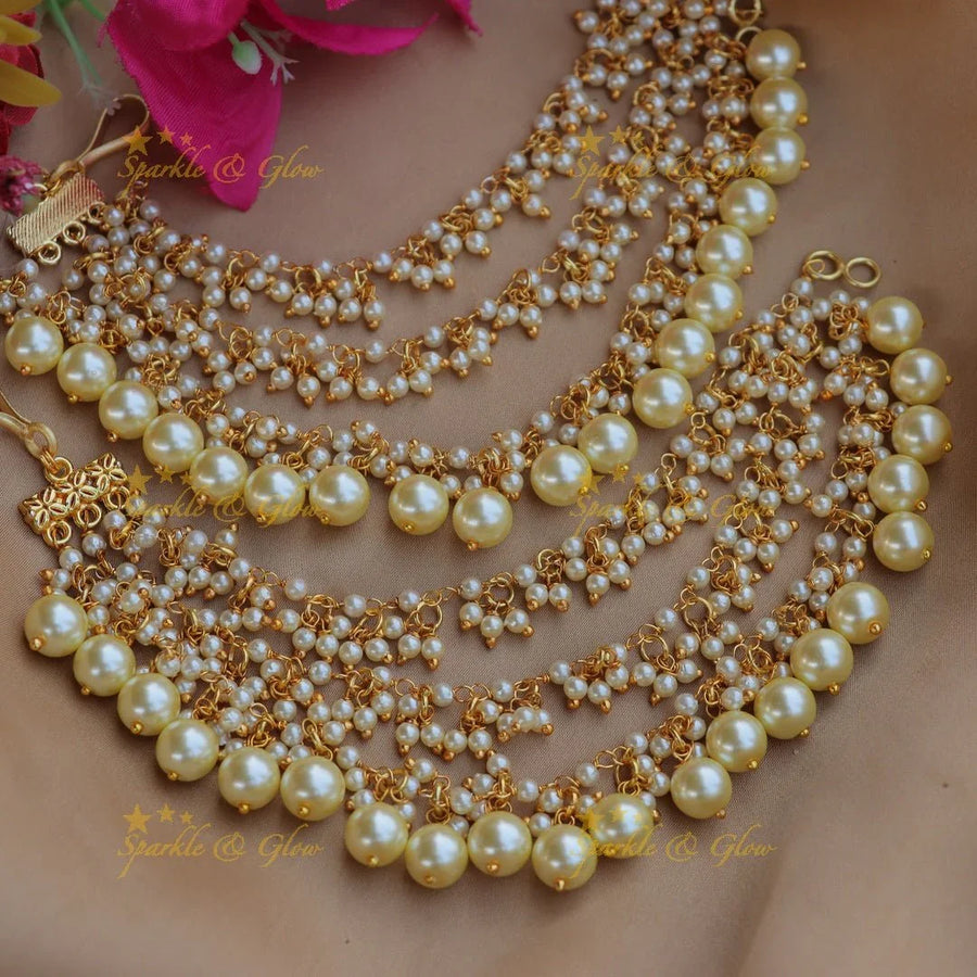 Stunning Three layered pearl cluster bridal Earchain with Pearl beads - Sparkle and Glow