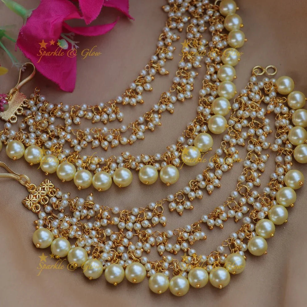 Stunning Three layered pearl cluster bridal Earchain with Pearl beads - Sparkle and Glow