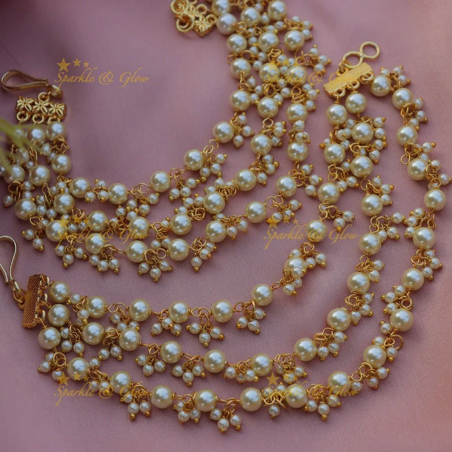 Elegant Three layered Pearl cluster Earchain - Sparkle and Glow