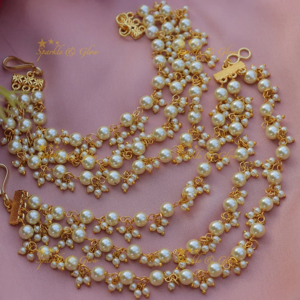 Elegant Three layered Pearl cluster Earchain - Sparkle and Glow