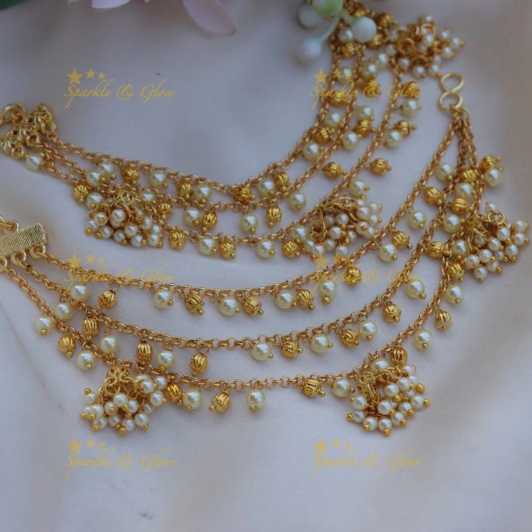 Stunning Three layered Earchain with pearls and gold beads - Sparkle and Glow