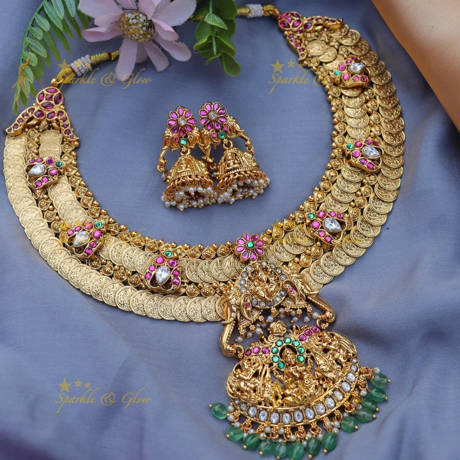 Stunning Jadau Antique Lakshmi Coin Necklace Set with Green beads - Sparkle and Glow
