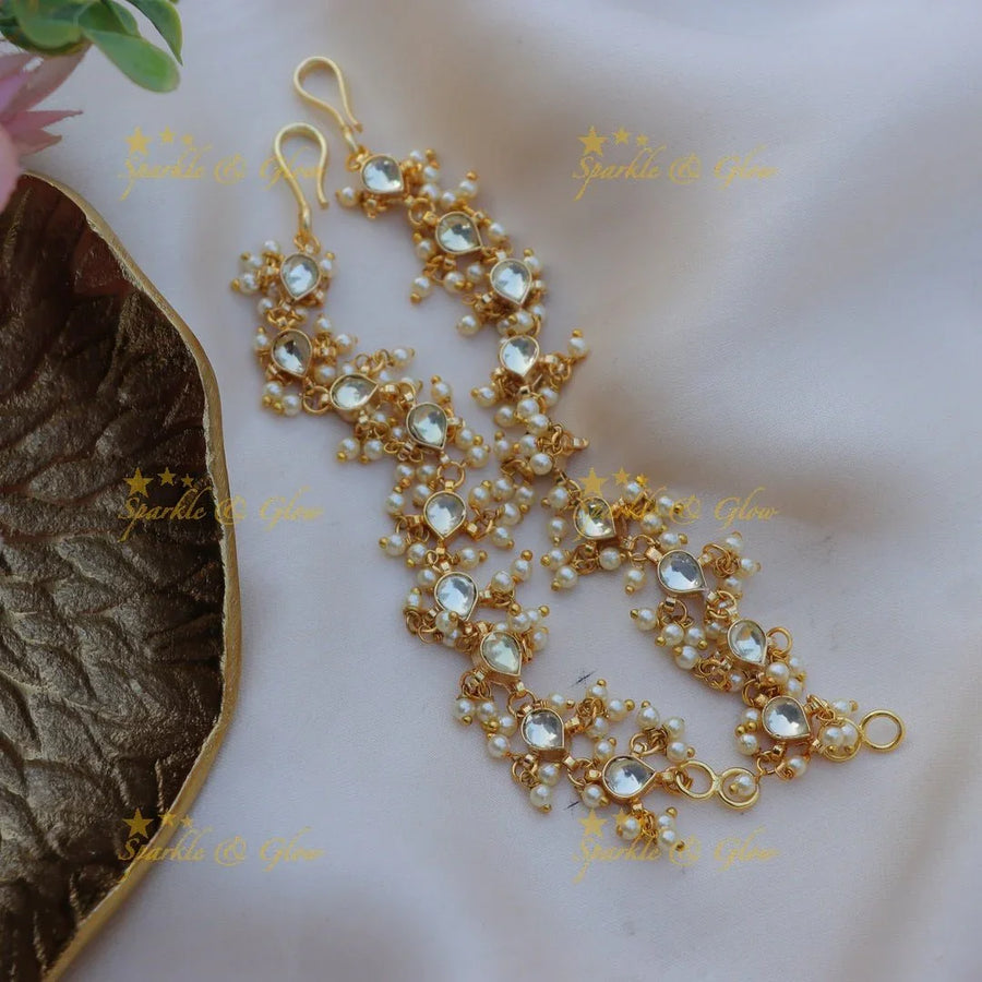 Real Jadau Kundan stone Gutaapusalu Earchain-Pink - Sparkle and Glow