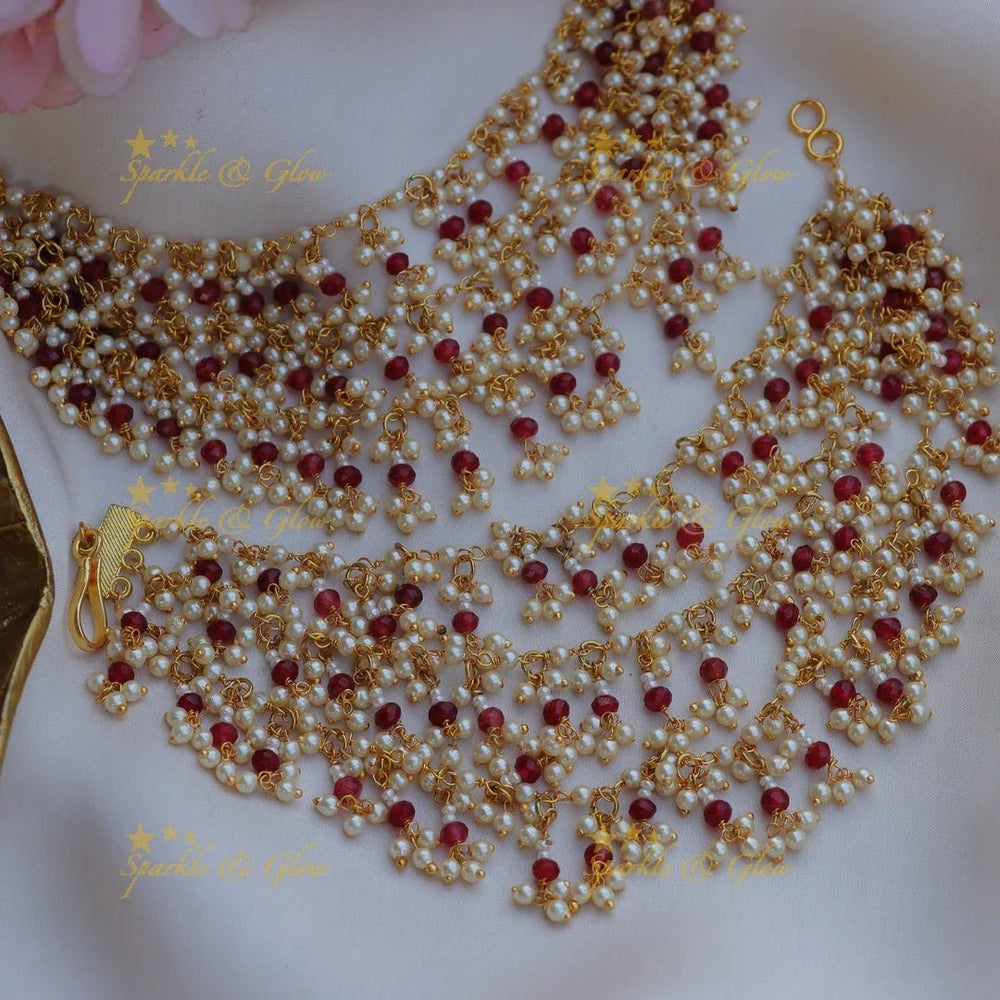 Stunning Three layered Pearl earchain with Red beads and pearls-Red - Sparkle and Glow