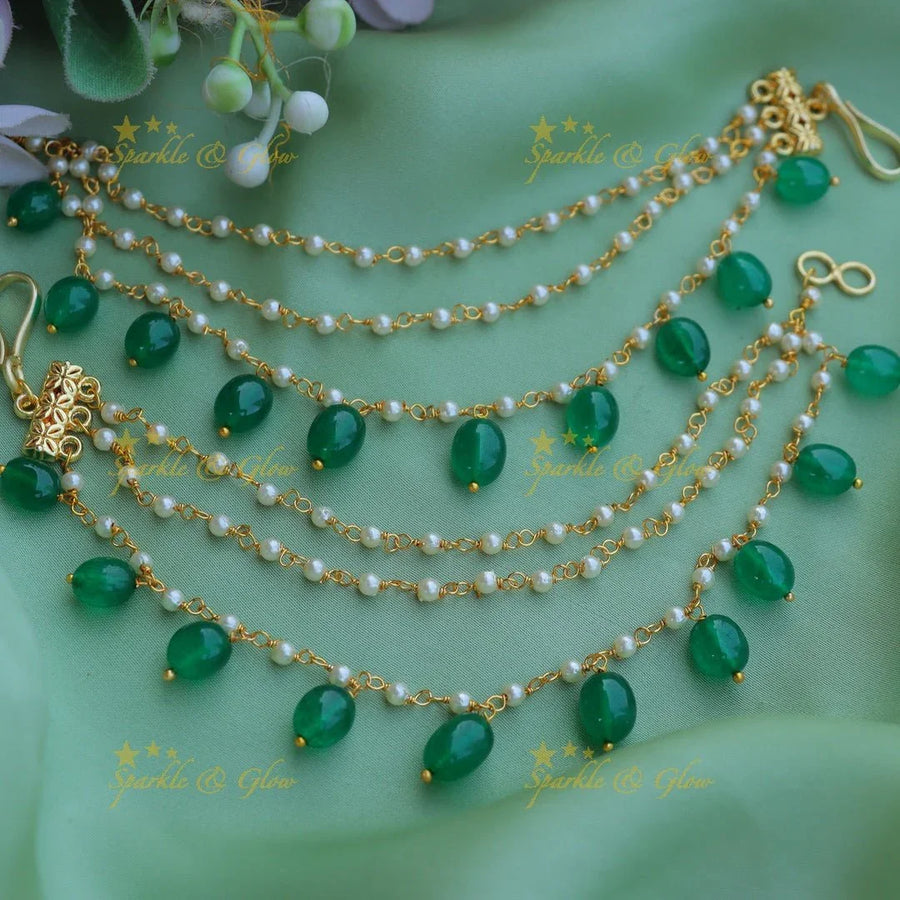 Beautiful Three layered Emerald Beaded Earchain - Sparkle and Glow