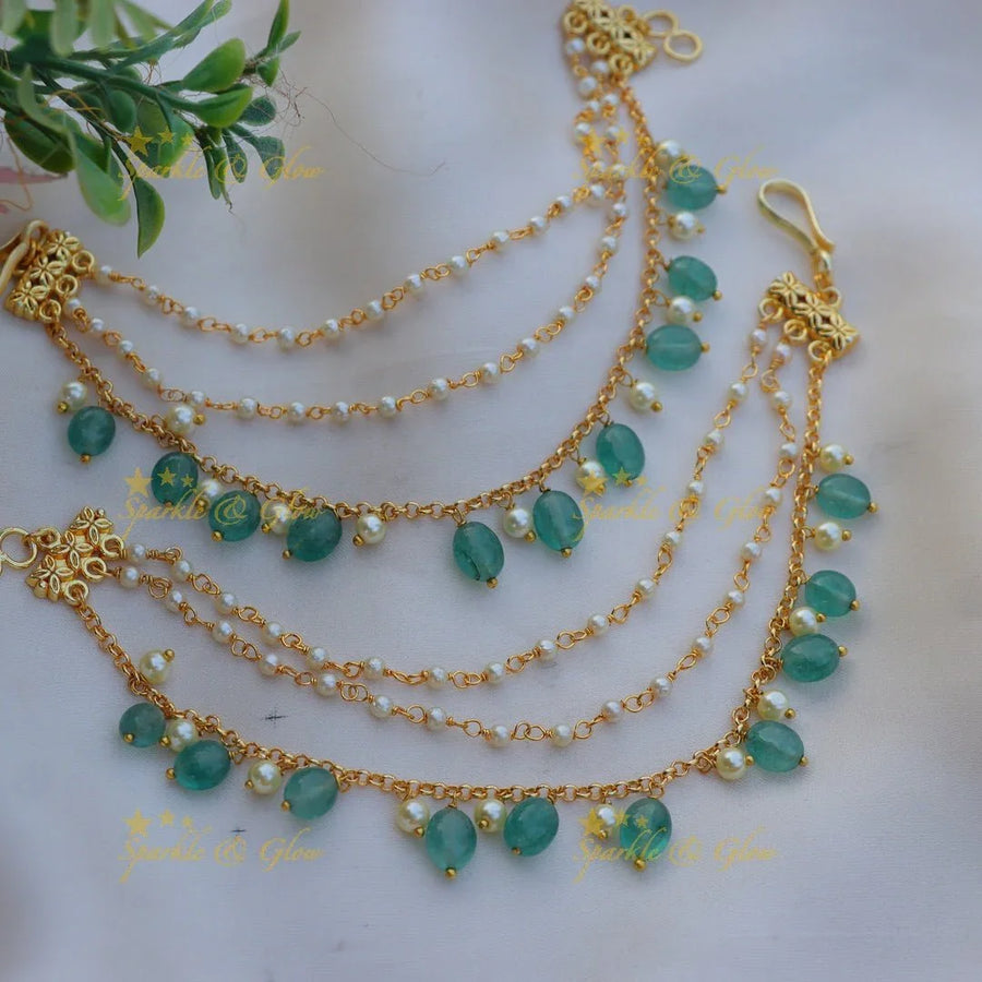 Beautiful Three layered Emerald and pearl Beaded Earchain - Sparkle and Glow