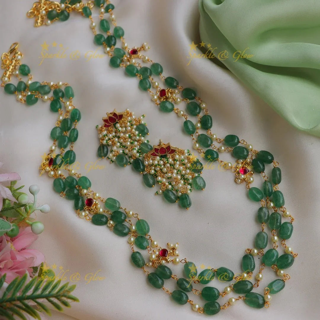 Beautiful Jadau Kundan Three layered Haram with Lotus beaded Earrings - Sparkle and Glow