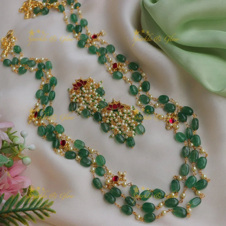 Beautiful Jadau Kundan Three layered Haram with Lotus beaded Earrings - Sparkle and Glow