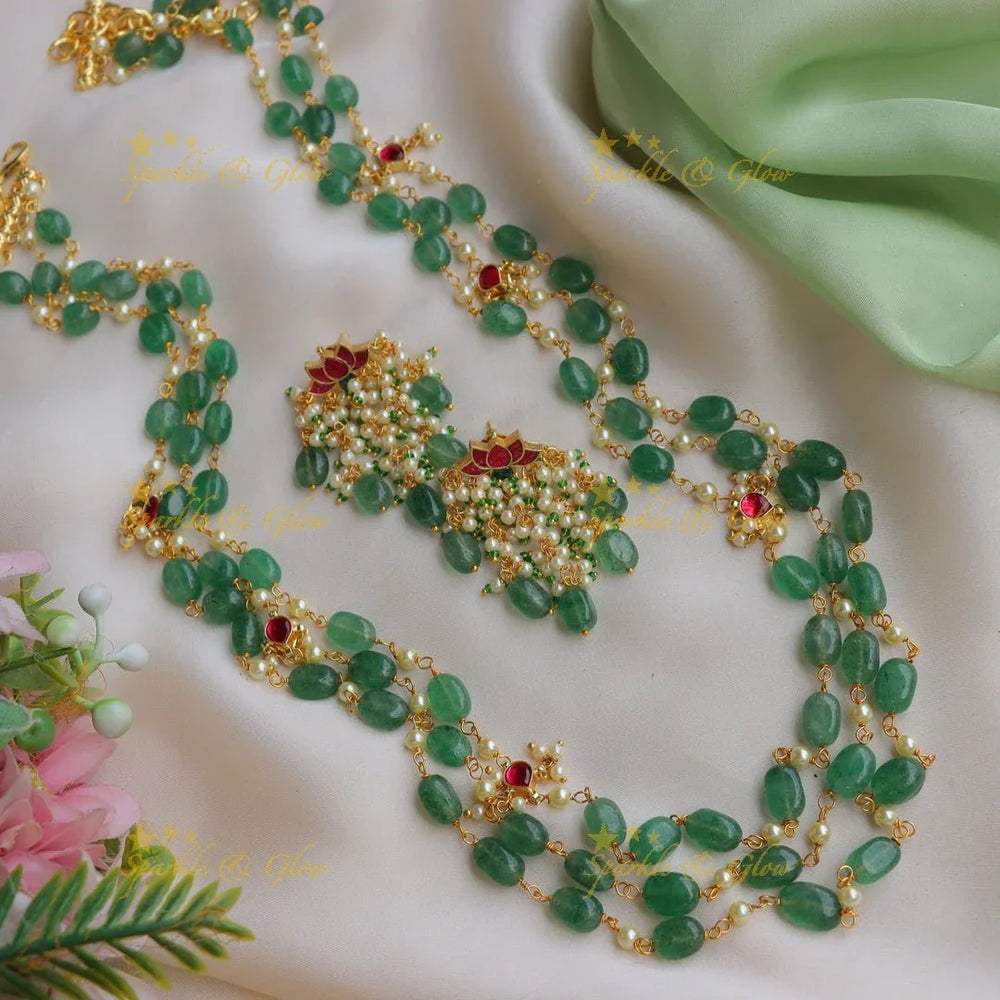 Beautiful Jadau Kundan Three layered Haram with Lotus beaded Earrings - Sparkle and Glow