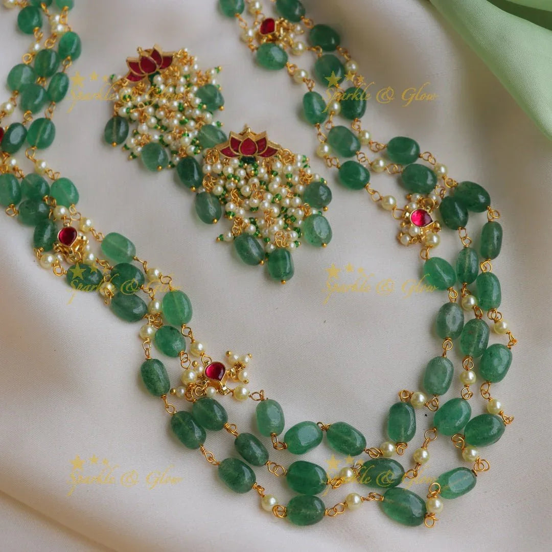 Beautiful Jadau Kundan Three layered Haram with Lotus beaded Earrings - Sparkle and Glow