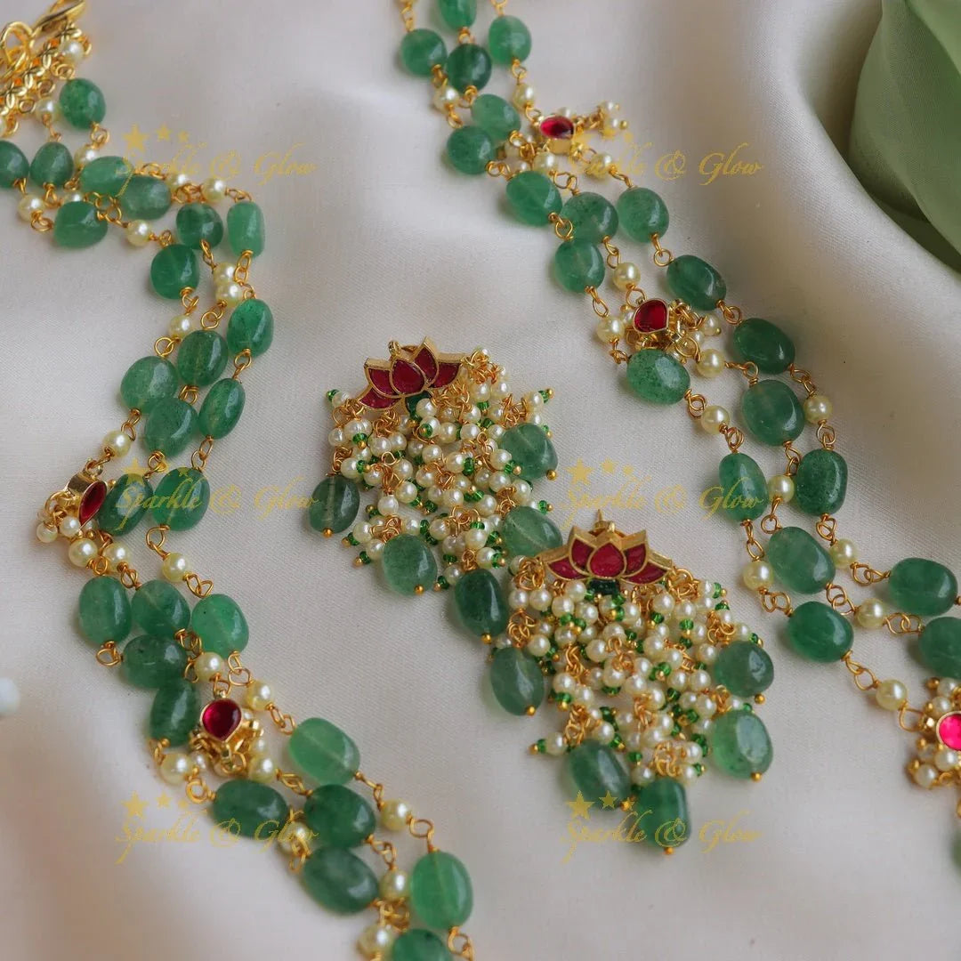 Beautiful Jadau Kundan Three layered Haram with Lotus beaded Earrings - Sparkle and Glow