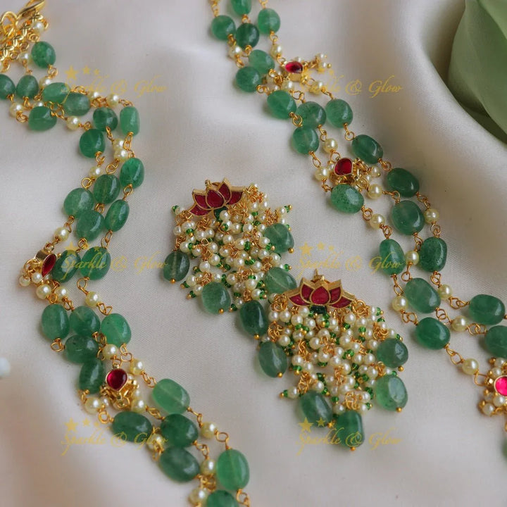 Beautiful Jadau Kundan Three layered Haram with Lotus beaded Earrings - Sparkle and Glow
