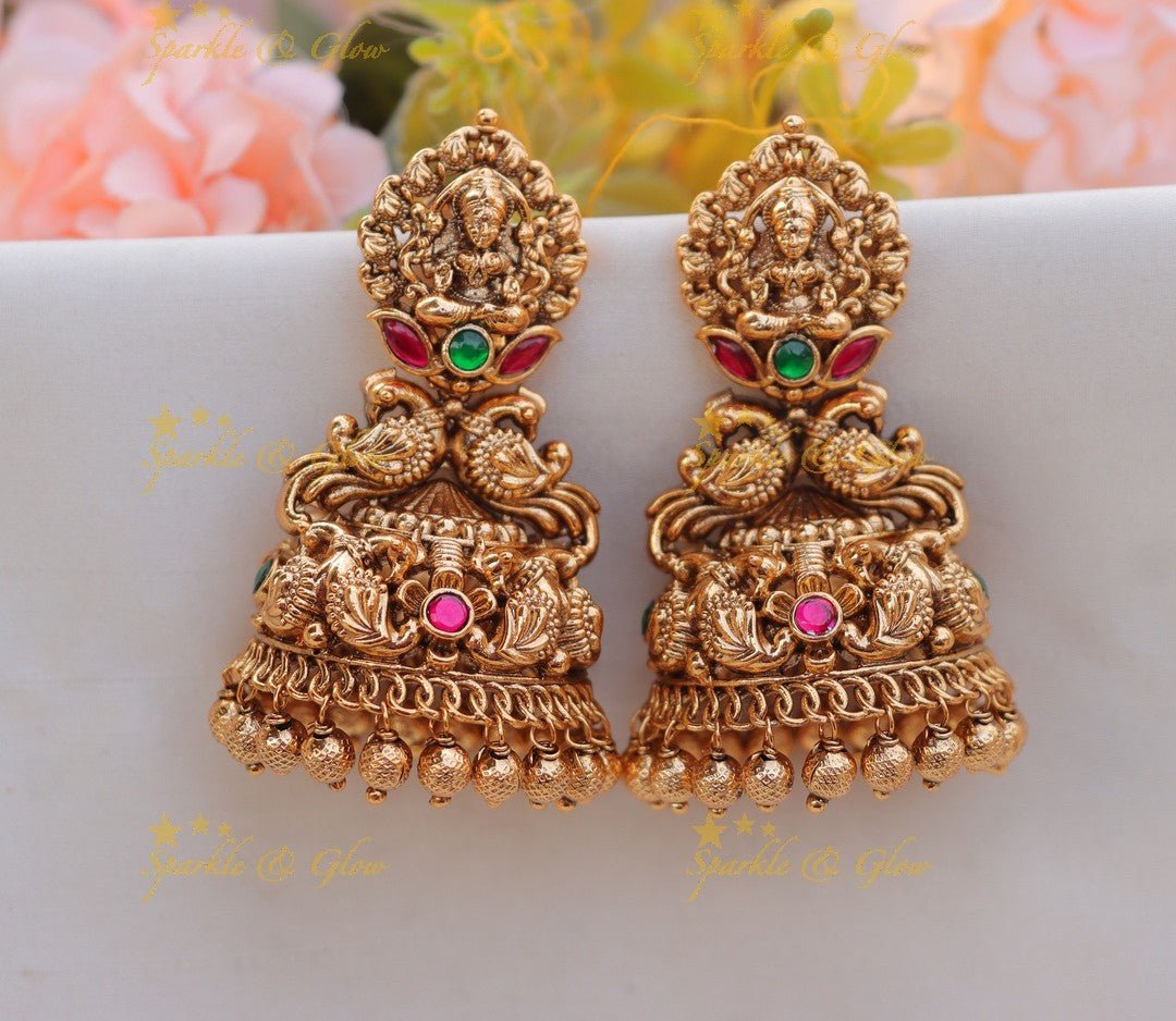 Statement Idol Lakshmi Peacock Kemp Jhumuka with gold beads - Sparkle and Glow -