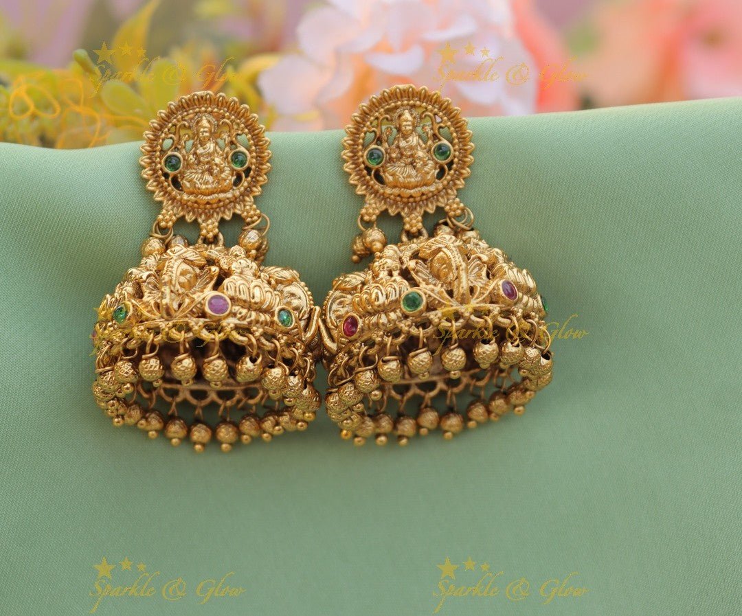 Stunning Idol Lakshmi Elephant carved Kemp jhumuka - Sparkle and Glow -