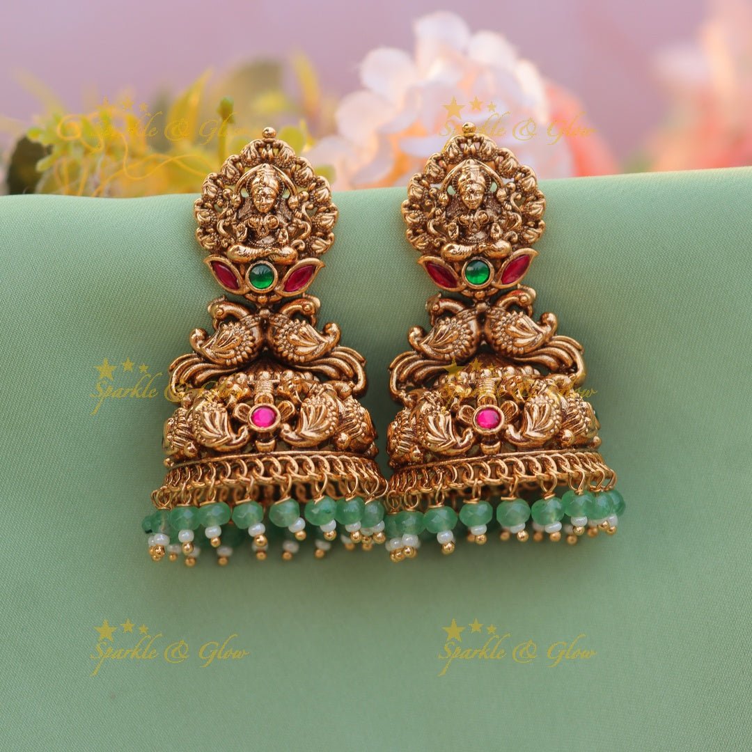 Stunning Bridal Lakshmi Peacock carved Jhumuka with Rubygreen stones - Mintgreen - Sparkle and Glow -