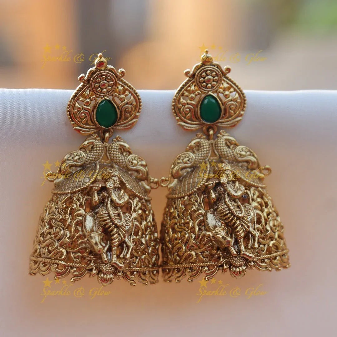 Stunning Idol Flute Krishna Peacock carved Kemp jhumuka - Sparkle and Glow