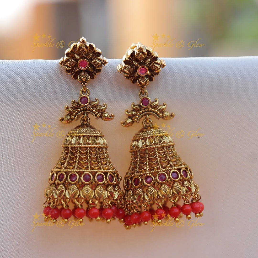 Grand Floral studded Kemp Leaf Jhumuka - Sparkle and Glow -