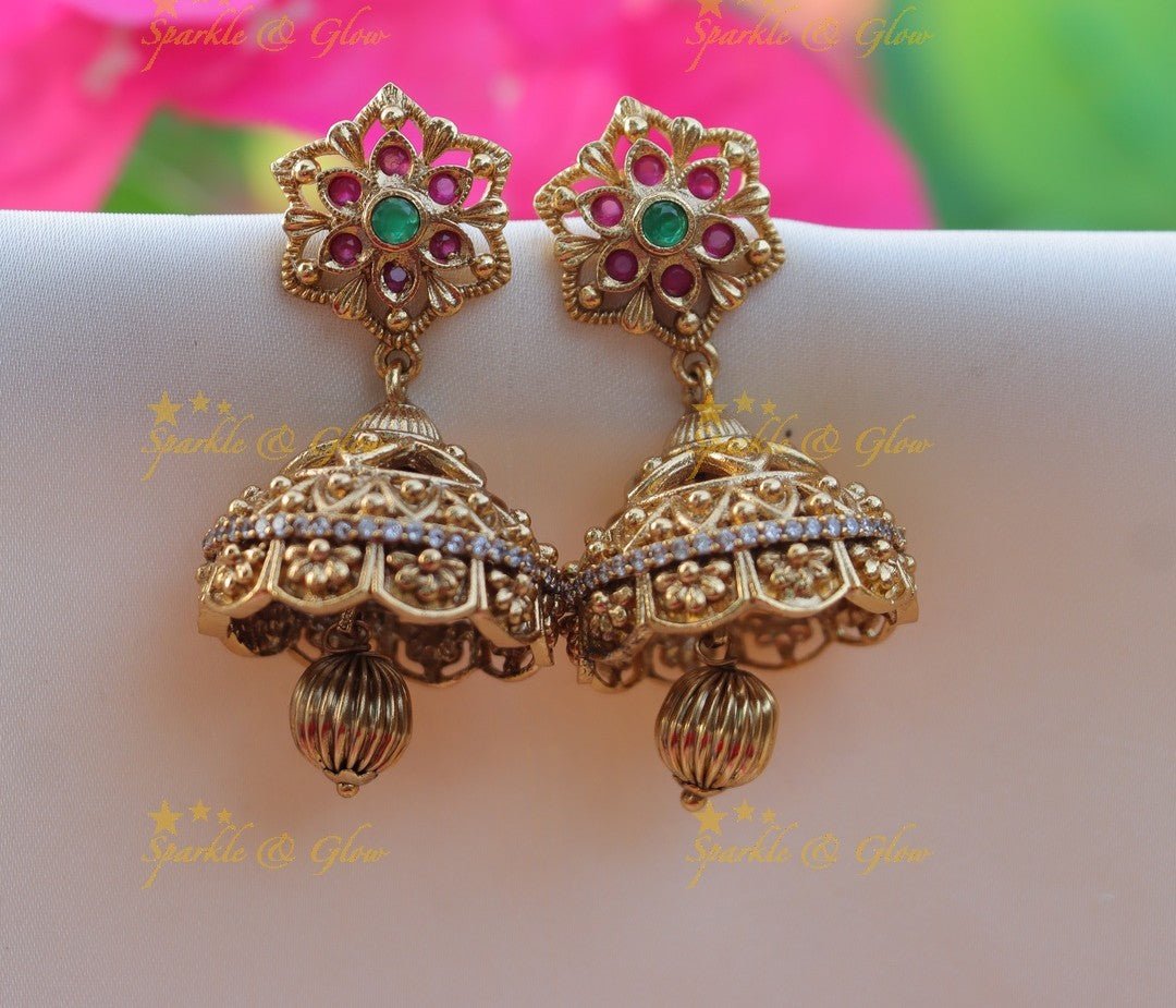 Elegant Kemp Sunflower design Jhumuka with Gold ball beads - Sparkle and Glow -