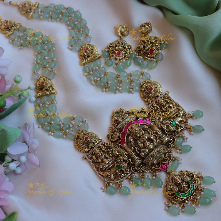 Grand Idol Jadau Lakshmi Elephant carved layered haram with mintgreen beads - Sparkle and Glow