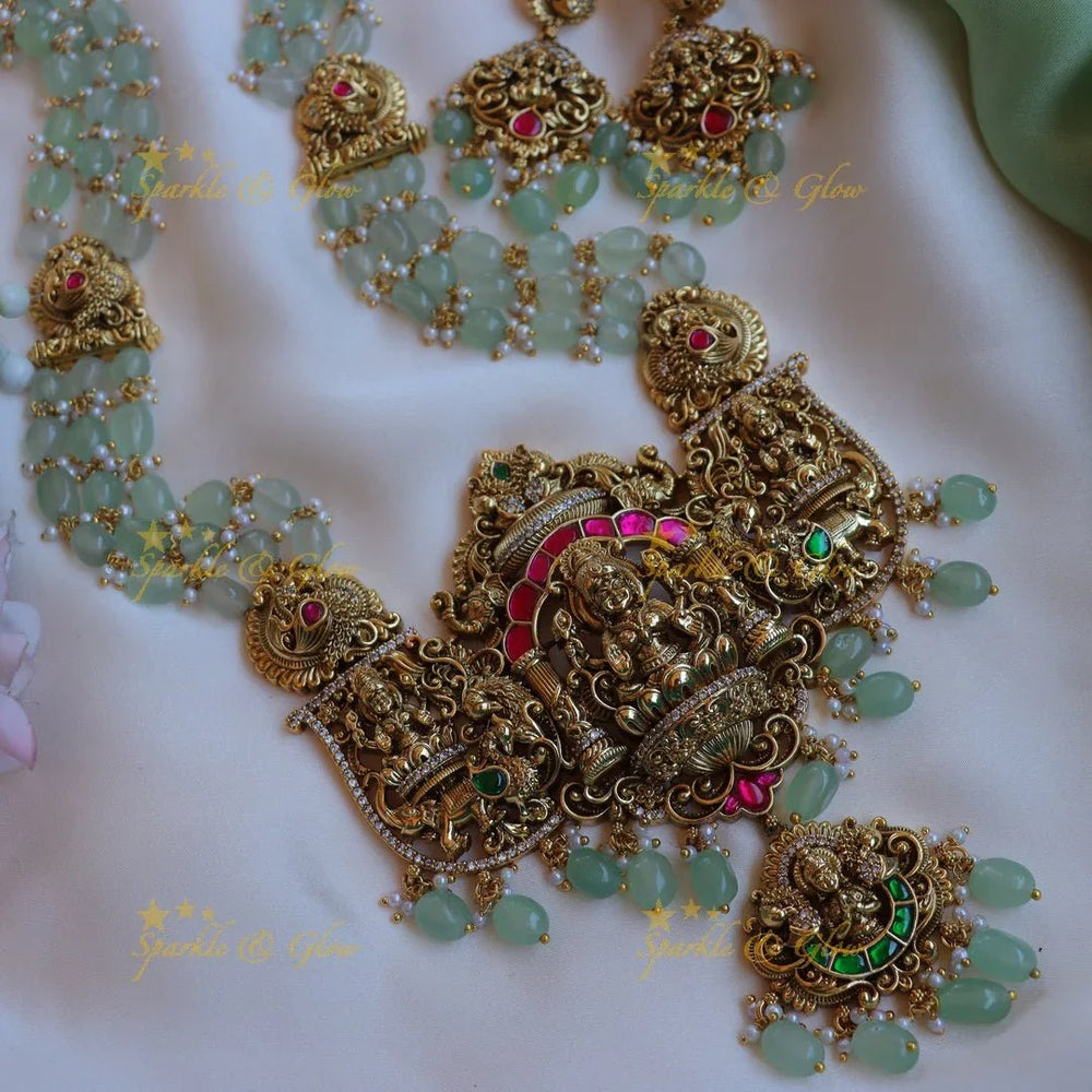 Grand Idol Jadau Lakshmi Elephant carved layered haram with mintgreen beads - Sparkle and Glow