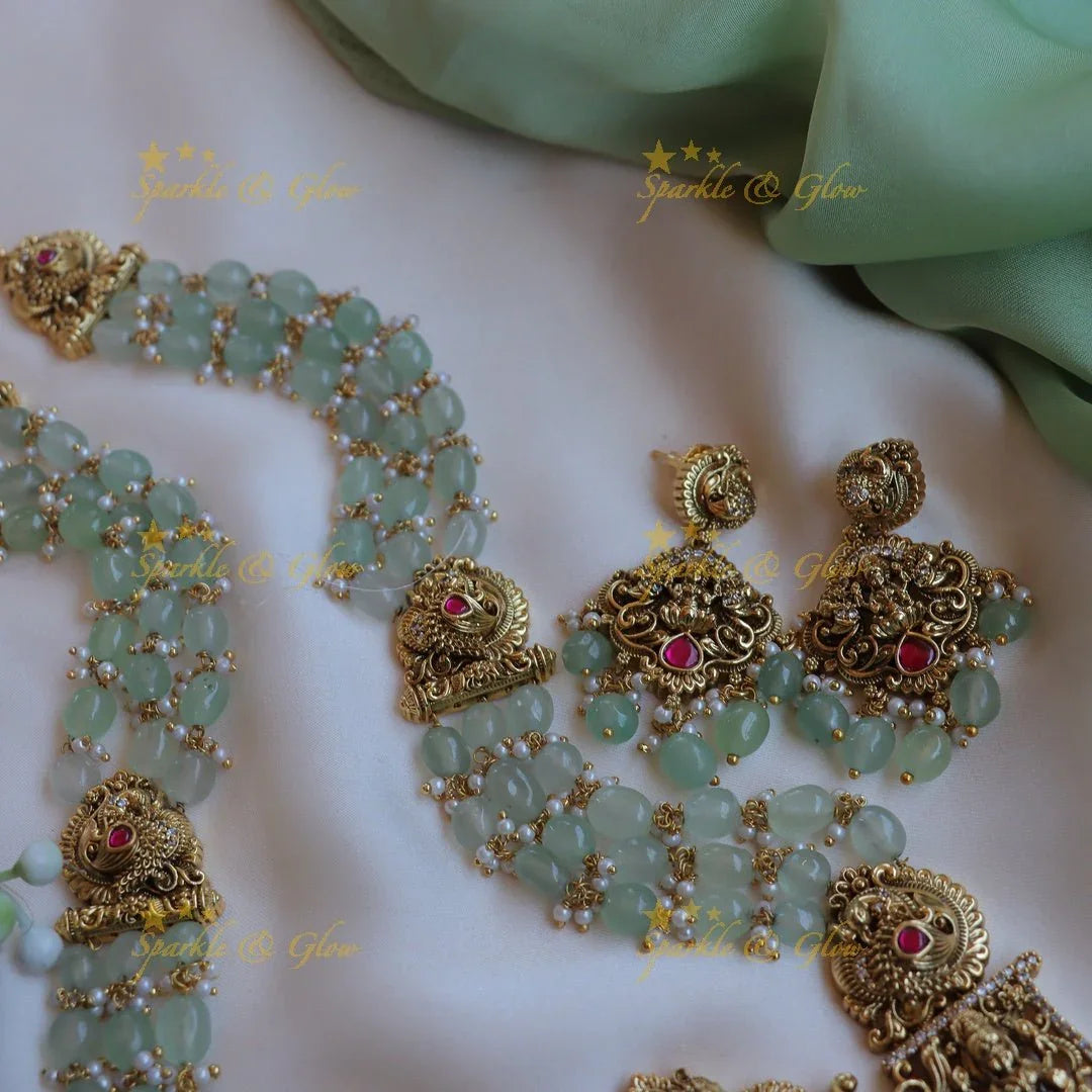 Grand Idol Jadau Lakshmi Elephant carved layered haram with mintgreen beads - Sparkle and Glow