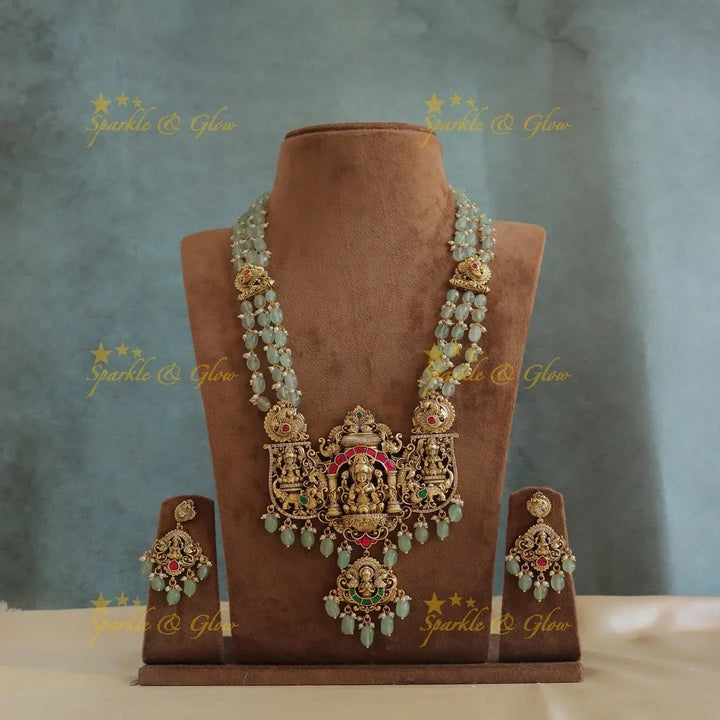Grand Idol Jadau Lakshmi Elephant carved layered haram with mintgreen beads - Sparkle and Glow
