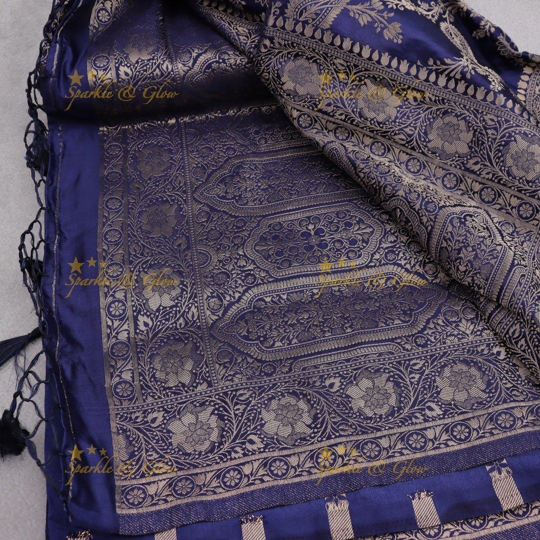 Midnight Blue Banarasi Silk Saree with Silver Zari Floral Weave - Sparkle and Glow