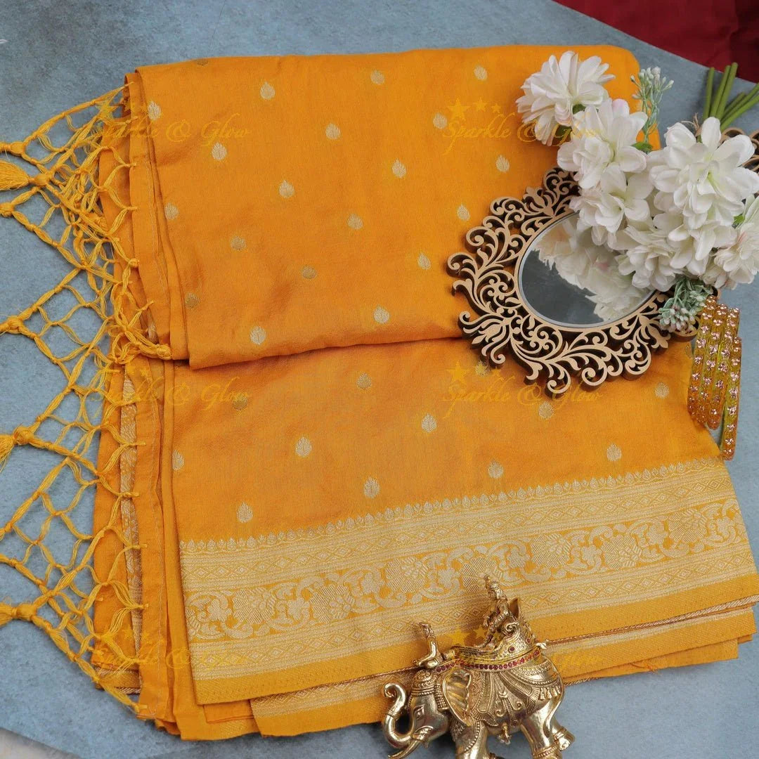 Mustard Yellow Banarasi raspberry Georgette Saree with Golden Zari weaving Border - Sparkle and Glow