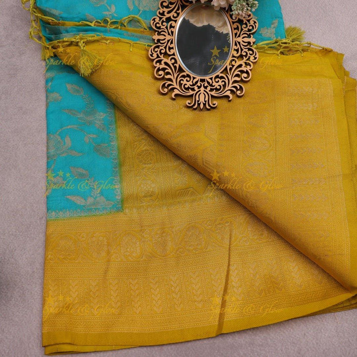 Turquoise Blue Banarasi Silk Saree with Mustard Yellow Zari Border - Sparkle and Glow