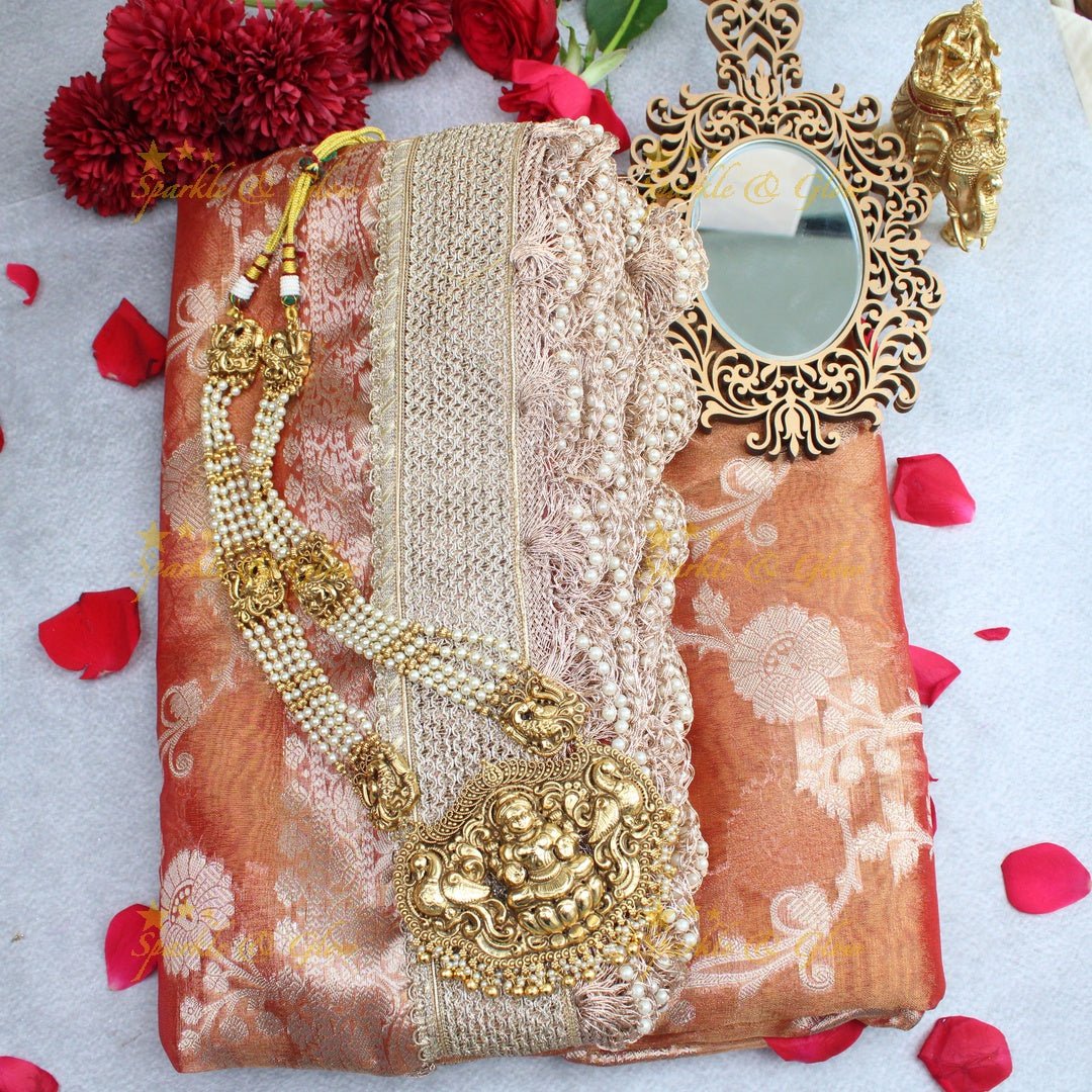 Peach Gold Banarasi Silk Saree with Intricate Floral Zari Weave - Sparkle and Glow -