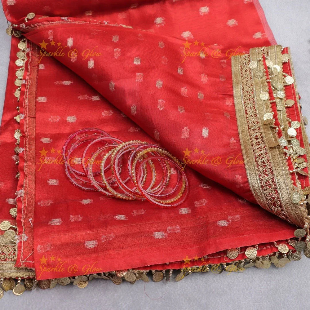 Festive Red Banarasi Silk Saree with Gold Sequin Border & Coin Detailing - Sparkle and Glow