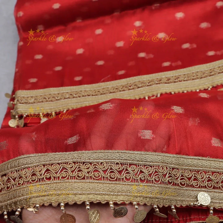 Festive Red Banarasi Silk Saree with Gold Sequin Border & Coin Detailing - Sparkle and Glow