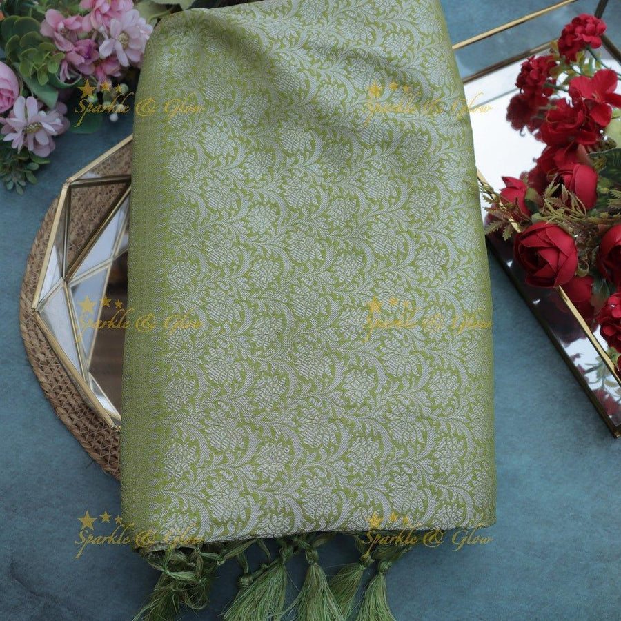 Light Olive Green Banarasi Silk Saree with All-Over Floral Zari Weave - Sparkle and Glow