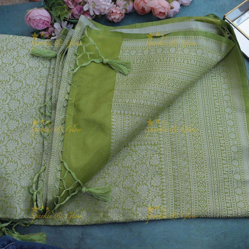 Light Olive Green Banarasi Silk Saree with All-Over Floral Zari Weave - Sparkle and Glow