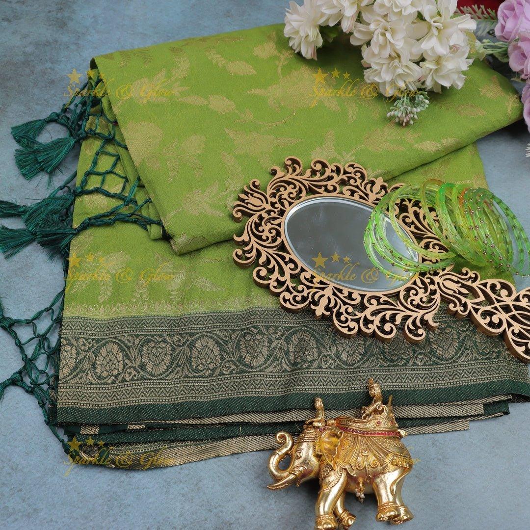 Parrot Green Banarasi Silk Saree with Dark Green Zari Border - Sparkle and Glow