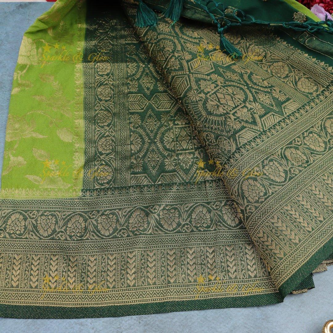 Parrot Green Banarasi Silk Saree with Dark Green Zari Border - Sparkle and Glow